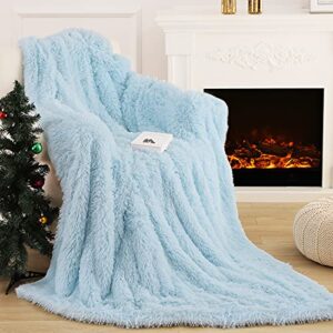 wellber super soft shaggy longfur faux fur blanket, solid reversible lightweight fuzzy throw blanket, washable warm furry throw blanket for couch sofa chair home decor, 50"x60" ice blue