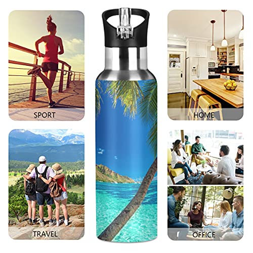 xigua Tropical Beach Palm Trees Water Bottle Stainless Steel Vacuum Insulated Water Bottle Standard Mouth Wide Handle Bottle with Straw Lid for Sports School Gym Outdoor,20 oz.