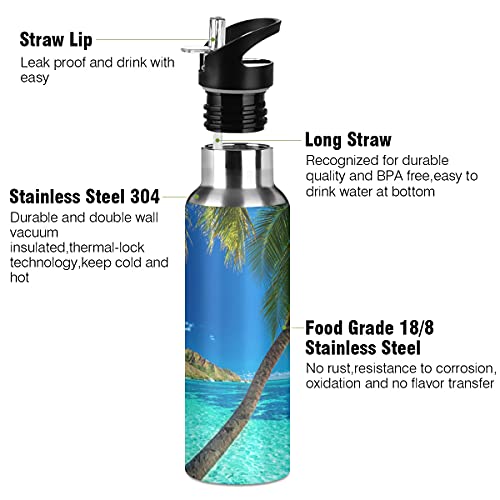 xigua Tropical Beach Palm Trees Water Bottle Stainless Steel Vacuum Insulated Water Bottle Standard Mouth Wide Handle Bottle with Straw Lid for Sports School Gym Outdoor,20 oz.