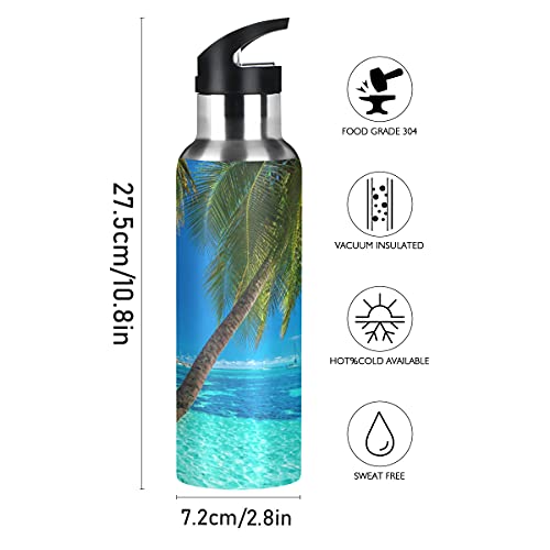 xigua Tropical Beach Palm Trees Water Bottle Stainless Steel Vacuum Insulated Water Bottle Standard Mouth Wide Handle Bottle with Straw Lid for Sports School Gym Outdoor,20 oz.