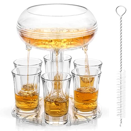 ALEVMOOM Shot Glass Dispenser and Holder,Adjustable Acrylic Shot Dispenser with 6 Drinking Glasses Made of Food Grade Plexiglass, for Beer Dispenser for Bar Parties Drinking Tools with brush