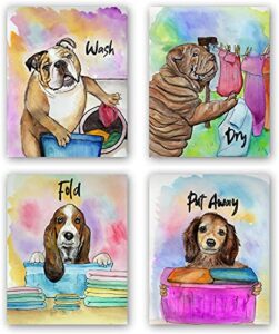 niiorty colorful puppies laundry room art decor poster，dog doing laundry，funny laundry room saying wash dry fold repeat poster，canvas wall art printing for home decoration，set of 4(8"x10"，unframed)