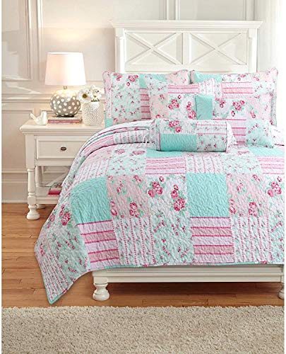 Cozy Line Home Fashions Tiffany Flower Garden Floral Polyester 3-Piece (Square, Rectangle, Bolster) Decor Throw Pillows, Pink, Blue, White