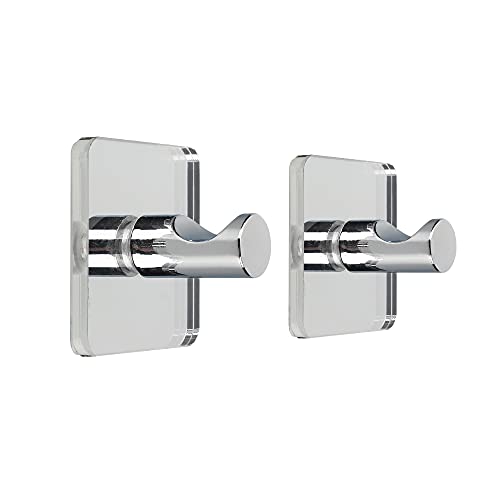 Mirror Acrylic Self Adhesive Hook, Iron Finished Chrome Pack of 2 Sticky Hooks for Bath Towel Robe Hook, Heavy Duty Door Wall Hook for Bathroom Kitchen(WJ012)