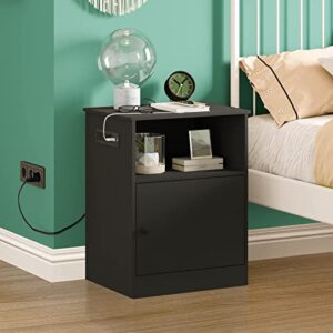 EPHEX Set of 2 Nightstand with Charging Station and USB Ports, Modern End Side Table with Cabinet and Open Storage, Bedside Table for Bedroom, Black