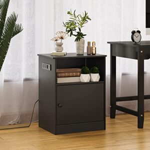 EPHEX Set of 2 Nightstand with Charging Station and USB Ports, Modern End Side Table with Cabinet and Open Storage, Bedside Table for Bedroom, Black