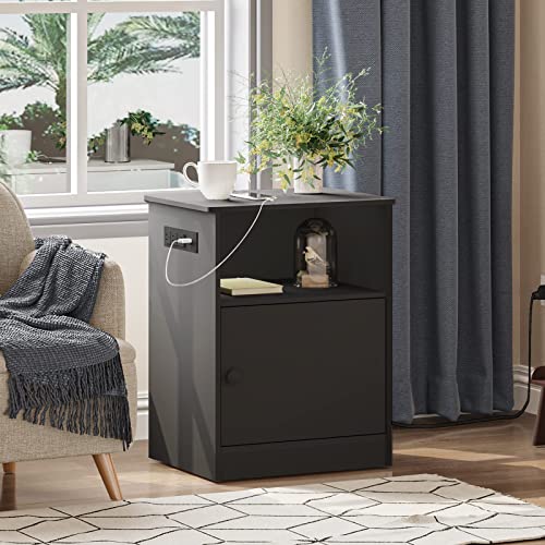 EPHEX Set of 2 Nightstand with Charging Station and USB Ports, Modern End Side Table with Cabinet and Open Storage, Bedside Table for Bedroom, Black