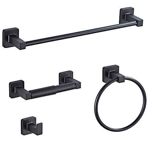 Matte Black Bathroom Hardware Set 4 Pieces,Towel Bar Set Stainless Steel Wall Mounted, Includes 16In Hand Towel Bar, Towel Ring, Robe Towel Hooks,Toilet Paper Holder, Bathroom Towel Rack Set