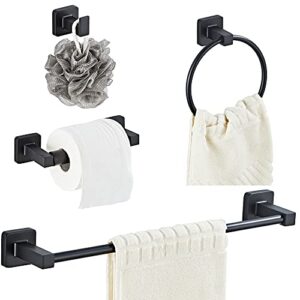 Matte Black Bathroom Hardware Set 4 Pieces,Towel Bar Set Stainless Steel Wall Mounted, Includes 16In Hand Towel Bar, Towel Ring, Robe Towel Hooks,Toilet Paper Holder, Bathroom Towel Rack Set