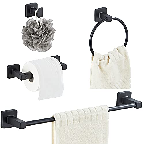 Matte Black Bathroom Hardware Set 4 Pieces,Towel Bar Set Stainless Steel Wall Mounted, Includes 16In Hand Towel Bar, Towel Ring, Robe Towel Hooks,Toilet Paper Holder, Bathroom Towel Rack Set