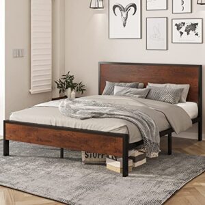 imusee full size bed frame with wood headboard and footboard platform, heavy duty metal frame with 12" under bed storage, no box spring needed, noise free, brown
