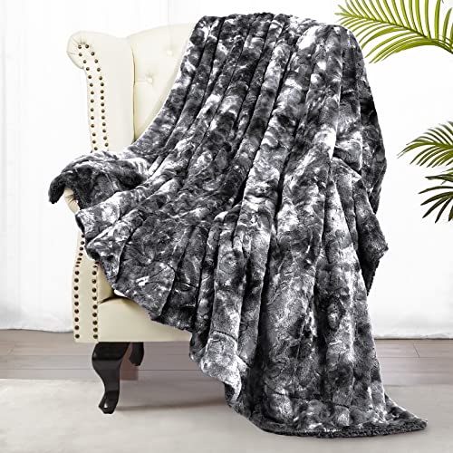 Comaza Faux Fur Throw Blanket with Reversible Sherpa for Sofa,Couch and Bed,Queen Size Soft Cozy Fuzzy Plush Fluffy Fleece Blankets(Gray,90x90 inches)