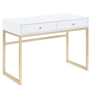 belleze modern 42 inch makeup vanity dressing table or home office computer laptop writing desk with two storage drawers, wood top, and gold metal frame - bronte (white)