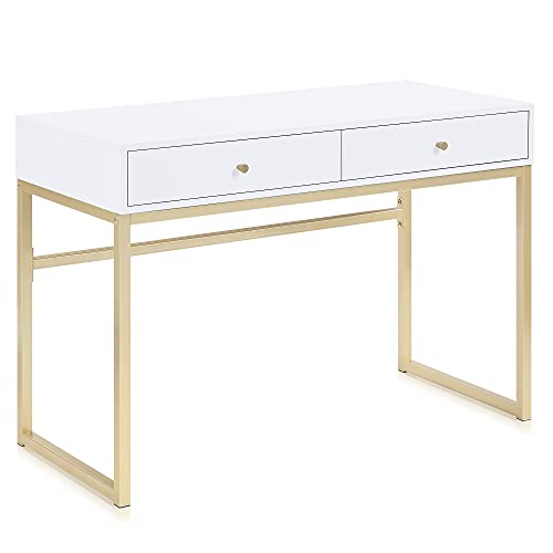 BELLEZE Modern 42 Inch Makeup Vanity Dressing Table or Home Office Computer Laptop Writing Desk with Two Storage Drawers, Wood Top, and Gold Metal Frame - Bronte (White)