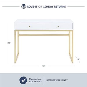 BELLEZE Modern 42 Inch Makeup Vanity Dressing Table or Home Office Computer Laptop Writing Desk with Two Storage Drawers, Wood Top, and Gold Metal Frame - Bronte (White)