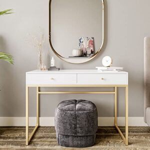 BELLEZE Modern 42 Inch Makeup Vanity Dressing Table or Home Office Computer Laptop Writing Desk with Two Storage Drawers, Wood Top, and Gold Metal Frame - Bronte (White)