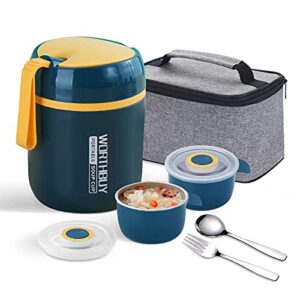 worthbuy leak proof thermal insulated food jar bento/snack box with portable cutlery set lunch bag , stainless steel lunch containers soup cup for kids and adult, 16oz capacity(snack box set - blue)