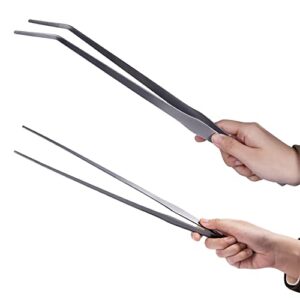 firesteed extra long handle aquarium tweezers serving tongs feed clamp,2 pack stainless steel straight and curved tweezers set for fish tank plants reptile feeding tongs（15 inchs）