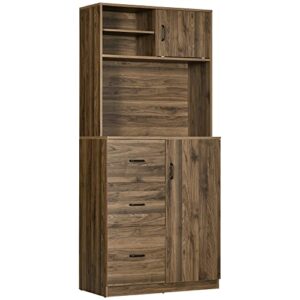 homcom 70" buffet hutch with 3 drawers, kitchen pantry with sliding door, large cabinet and adjustable shelves, walnut