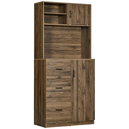 HOMCOM 70" Buffet Hutch with 3 Drawers, Kitchen Pantry with Sliding Door, Large Cabinet and Adjustable Shelves, Walnut