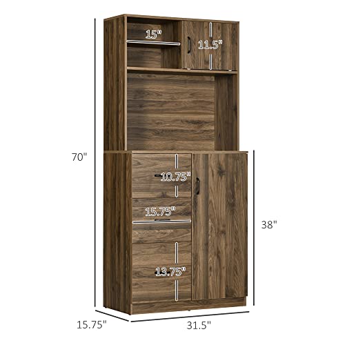 HOMCOM 70" Buffet Hutch with 3 Drawers, Kitchen Pantry with Sliding Door, Large Cabinet and Adjustable Shelves, Walnut