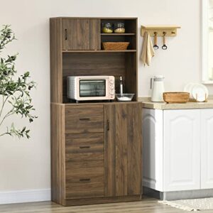 HOMCOM 70" Buffet Hutch with 3 Drawers, Kitchen Pantry with Sliding Door, Large Cabinet and Adjustable Shelves, Walnut