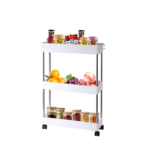 Slim Storage Cart, 3 Tier Mobile Shelving Unit Organizer, Slide Out Rolling Utility Cart Shelf Rack for Kitchen Bathroom Laundry Room Narrow Places, Plastic & Stainless Steel, White