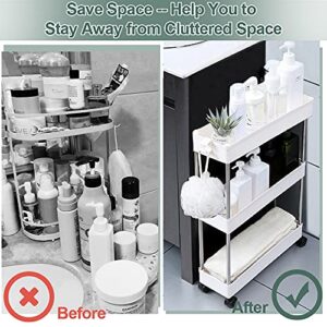 Slim Storage Cart, 3 Tier Mobile Shelving Unit Organizer, Slide Out Rolling Utility Cart Shelf Rack for Kitchen Bathroom Laundry Room Narrow Places, Plastic & Stainless Steel, White