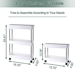 Slim Storage Cart, 3 Tier Mobile Shelving Unit Organizer, Slide Out Rolling Utility Cart Shelf Rack for Kitchen Bathroom Laundry Room Narrow Places, Plastic & Stainless Steel, White