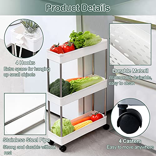 Slim Storage Cart, 3 Tier Mobile Shelving Unit Organizer, Slide Out Rolling Utility Cart Shelf Rack for Kitchen Bathroom Laundry Room Narrow Places, Plastic & Stainless Steel, White