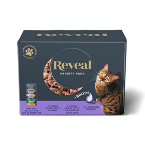 reveal natural wet cat food, 12 pack, limited ingredient wet cat food pouches, grain free food for cats, variety of fish and chicken flavors in broth, 2.47oz pouches