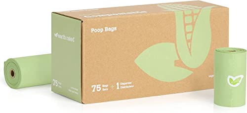 Earth Rated Compostable Dog Poop Bags, Ultra Thick and Leak Proof Dog Waste Bags, Unscented, 75 Count with Bag Holder