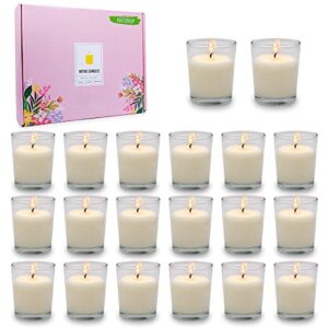 15 hour unscented white votive candles in glass, 20 packs soy wax candles for wedding table home spa holidays party