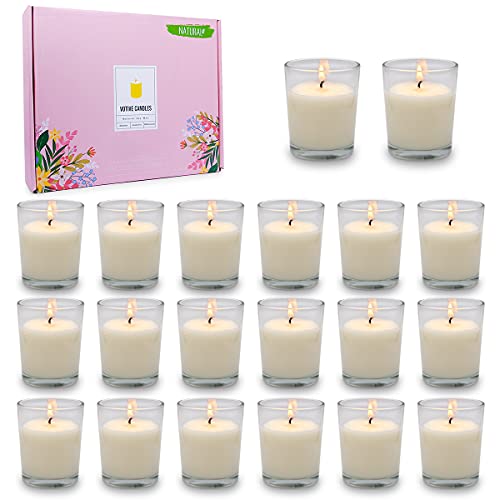 15 Hour Unscented White Votive Candles in Glass, 20 Packs Soy Wax Candles for Wedding Table Home Spa Holidays Party