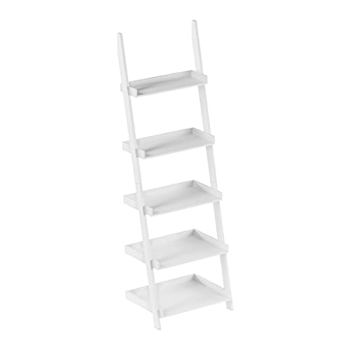 Lavish Home Ladder Bookshelf – 5-Tier Leaning Shelf Stand for Decorative Display - Living Room, Bathroom, or Kitchen Shelving Unit (White)