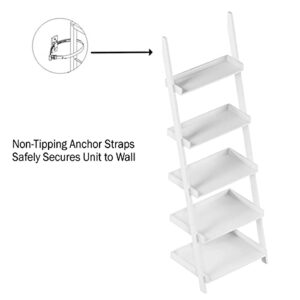 Lavish Home Ladder Bookshelf – 5-Tier Leaning Shelf Stand for Decorative Display - Living Room, Bathroom, or Kitchen Shelving Unit (White)