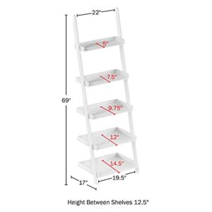 Lavish Home Ladder Bookshelf – 5-Tier Leaning Shelf Stand for Decorative Display - Living Room, Bathroom, or Kitchen Shelving Unit (White)