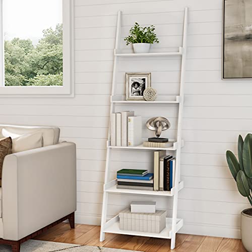 Lavish Home Ladder Bookshelf – 5-Tier Leaning Shelf Stand for Decorative Display - Living Room, Bathroom, or Kitchen Shelving Unit (White)