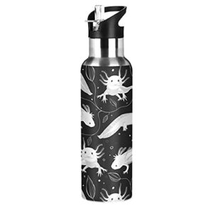 seamless white swimming axolotls, algae leaves on dark stainless steel water bottle, leak-proof vacuum hot cold insulated travel mug, double walled with handle thermo cup bottle 20 oz