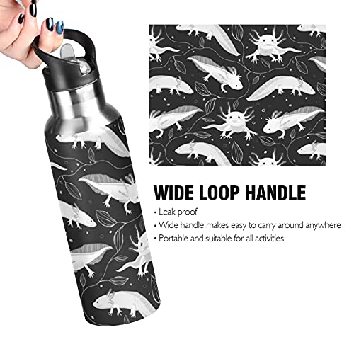 Seamless White Swimming Axolotls, Algae Leaves on Dark Stainless Steel Water Bottle, Leak-Proof Vacuum Hot Cold Insulated Travel Mug, Double Walled with Handle Thermo Cup Bottle 20 Oz