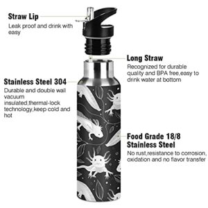 Seamless White Swimming Axolotls, Algae Leaves on Dark Stainless Steel Water Bottle, Leak-Proof Vacuum Hot Cold Insulated Travel Mug, Double Walled with Handle Thermo Cup Bottle 20 Oz