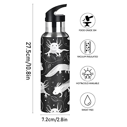 Seamless White Swimming Axolotls, Algae Leaves on Dark Stainless Steel Water Bottle, Leak-Proof Vacuum Hot Cold Insulated Travel Mug, Double Walled with Handle Thermo Cup Bottle 20 Oz