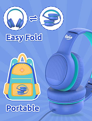 gorsun Premium A66 Kids Headphones with 85dB/94dB Volume Limited, in-line HD Mic, Audio Sharing, Foldable Toddler Headphones, Adjustable, Children Headphones Over-Ear for School Travel, Blue