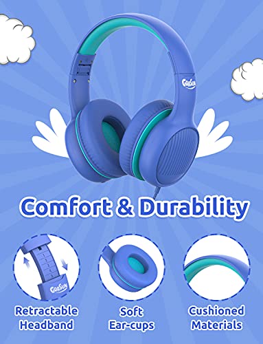 gorsun Premium A66 Kids Headphones with 85dB/94dB Volume Limited, in-line HD Mic, Audio Sharing, Foldable Toddler Headphones, Adjustable, Children Headphones Over-Ear for School Travel, Blue