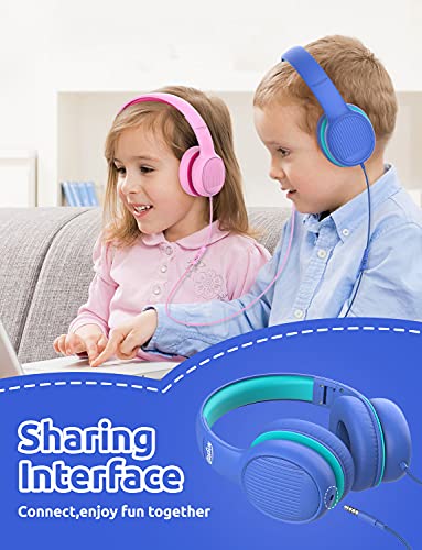 gorsun Premium A66 Kids Headphones with 85dB/94dB Volume Limited, in-line HD Mic, Audio Sharing, Foldable Toddler Headphones, Adjustable, Children Headphones Over-Ear for School Travel, Blue