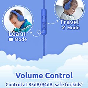 gorsun Premium A66 Kids Headphones with 85dB/94dB Volume Limited, in-line HD Mic, Audio Sharing, Foldable Toddler Headphones, Adjustable, Children Headphones Over-Ear for School Travel, Blue