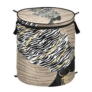 alaza 50 l pop-up laundry hamper basket with lid and handle, african woman with zebra print hair collapsible cloth hamper