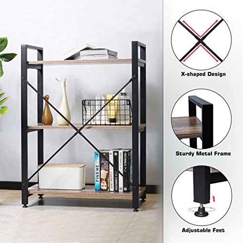 Small Bookshelf, 3 Tier Industrial bookshelf Wood Bookcase Shelves Storage, Standing Metal Frame Book Shelves for Living Room Bedroom and Office, Vintage Display 3 Tiers Open Shelf/Rack, Black/Brown