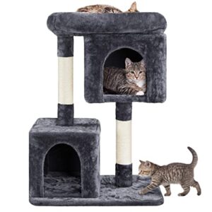 yaheetech 33.5in cat tree tower for indoor cats w/2 cozy plush condos, oversized perch & sisal scratching posts, stable cat stand house for large cats & pets