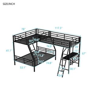 MERITLINE Metal L-Shaped Bunk Bed, Twin Over Full Bunk Bed with a Twin Loft Bed Attached,Triple Bunk Bed with Desk,3 Bed Bunk Beds with Guardrails and Ladder for Kids Teens Adults, Black